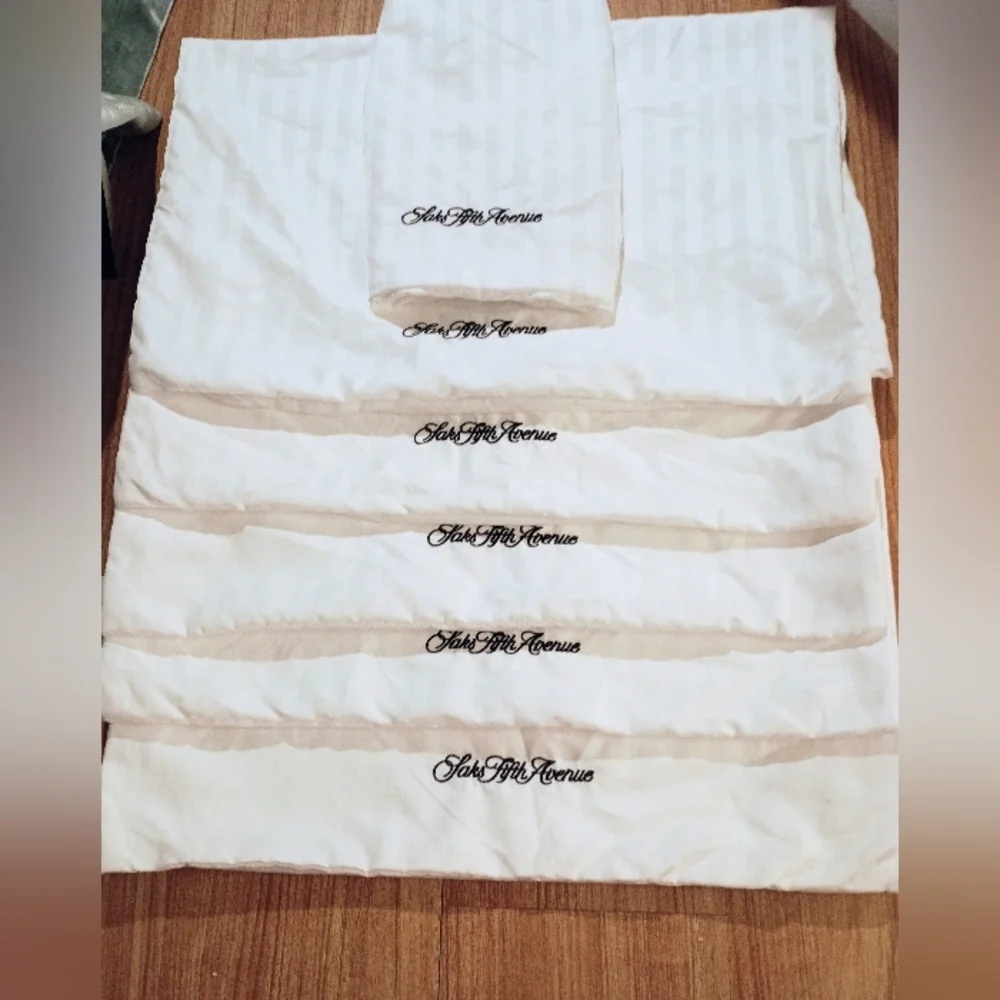 Saks Fifth Avenue Luxury Embroidered  White Stripe Pillowcases  Set of Six